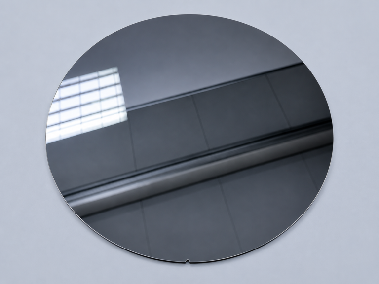 12-inch silicon wafer for wafer thinning and back grinding processing with ultra-flat reflective surface on a clean gray-blue background