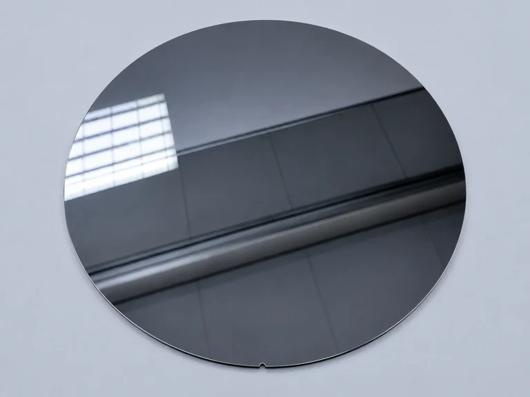 12-inch silicon wafer for wafer thinning and back grinding processing with ultra-flat reflective surface on a clean gray-blue background